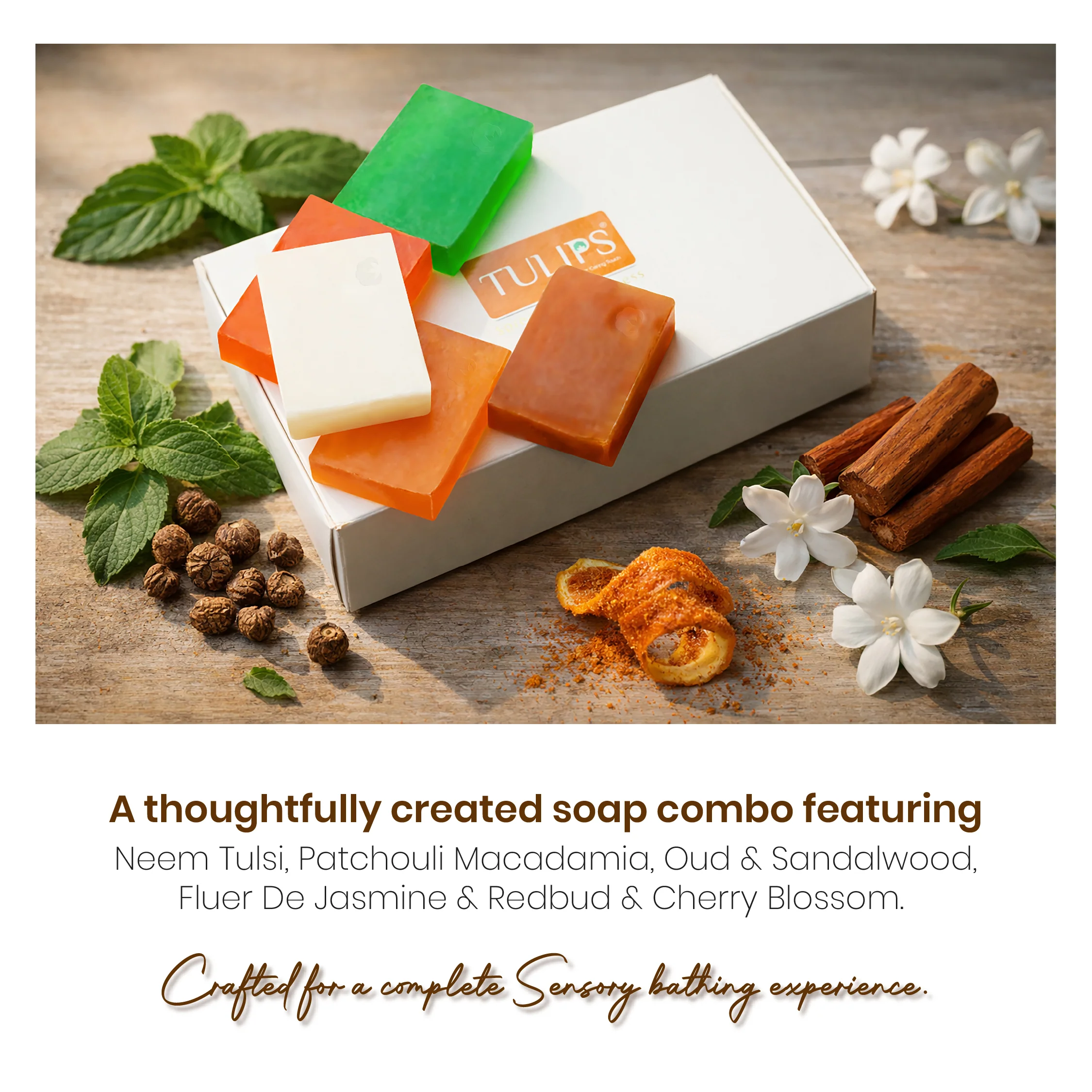 Tulips Premium Handmade Bathing Bar Combo – Neem & Tulsi, Patchouli & Macadamia, Fleur de Jasmine, Spiced Orange & Cedarwood, Oud & Sandalwood | Natural Luxury Soaps | 125g Each - Image 2